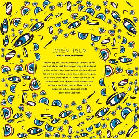 circle emoji frame with place for text. The pattern of faces with different emotions on a yellow background. Funny scribbles. Vector templates for typography or web design.のイラスト素材