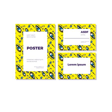 Emoji frame with place for text. The pattern of faces with different emotions on a yellow background. Funny scribbles. Vector templates for typography or web design.のイラスト素材