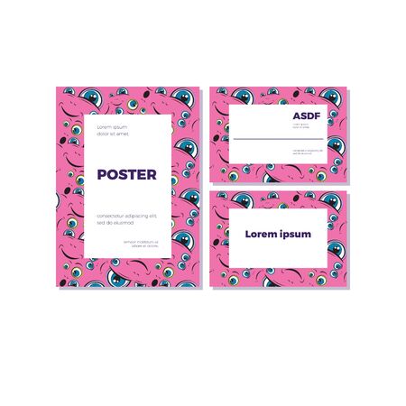 Emoji frame with place for text. The pattern of faces with different emotions on a pink background. Funny scribbles. Vector templates for typography or web design.のイラスト素材