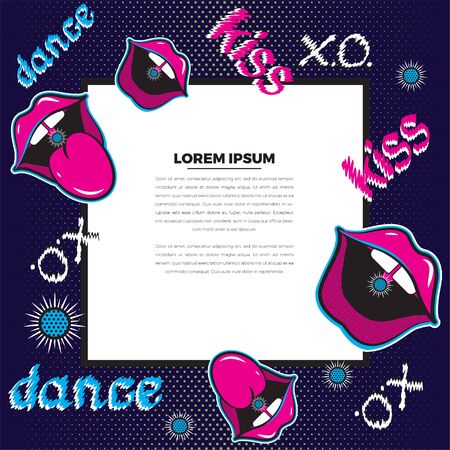 Frames concept with place for text. Stickers of open mouth with tongue. Cheeky lips of a girl. Handwritten lettering. Juicy neon illustration on a dark blue background.のイラスト素材