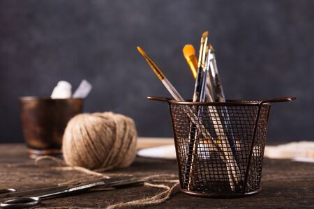 Composition with different objects on the table. Making wooden christmas toys.の写真素材