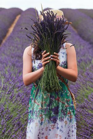 A young girl with a bouquet of lavender stands in the middle of a lavender fieldの写真素材