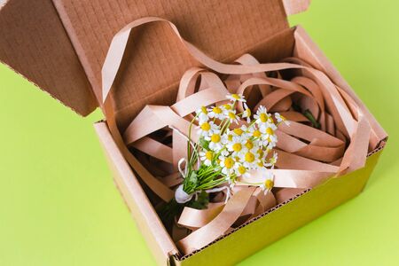 Spring composition. Cardboard box with flowers and ribbon on a bright green background