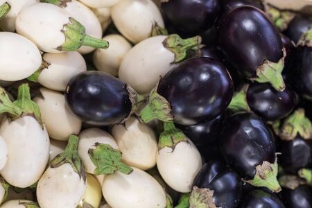 Fresh organic eggplant at farmers marketの写真素材