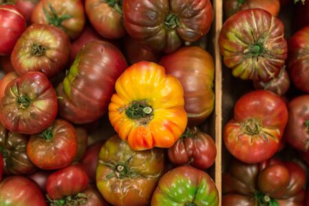 Organic tomatoes from above in market in Antibes Franceの写真素材