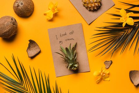 creative tropical greeting cards with pineapple crown with note I took my crown offの写真素材