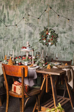 New Years or Christmas table. The table is covered with food. 2021の写真素材