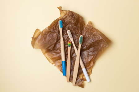 Set of colorful bamboo toothbrushes. Zero waste, plastic free, eco friendly organic product conceptの写真素材