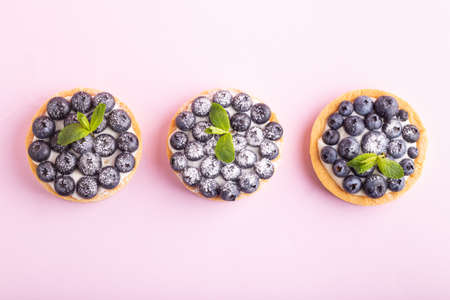 Delicious dessert blueberry tart with fresh berries on pink, sweet tasty cheesecake, berry pie. French cuisineの写真素材