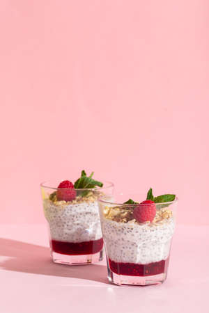Chia seeds vanilla pudding with raspberry, oats musli and mint on rose hard shadowの写真素材