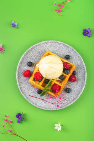 Belgian waffles with ice cream berries and flower on greenの写真素材