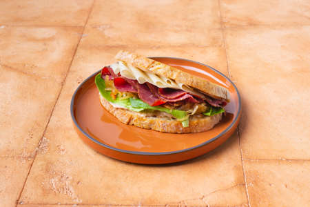 Healthy Turkey Sandwich with avocado meat and cheese on round plateの写真素材