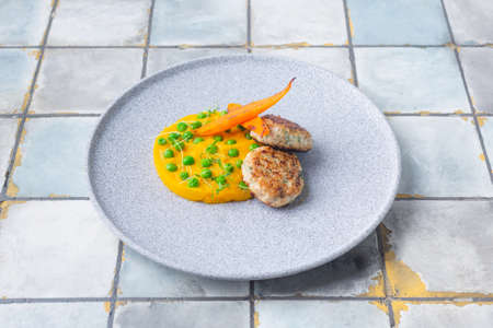 Chicken cutlet with pumpkin puree and green pies, decorated with carrots on tile backgroundの写真素材