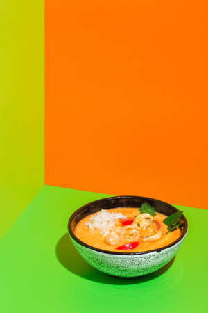 Tom Yum Goong Nam Kon Thai Soup with Shrimps, Enoki Mushrooms and Fresh Chiliの写真素材
