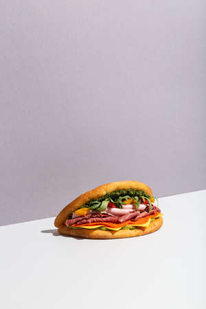 baguette sandwich with chicken salad on grey hard shadow