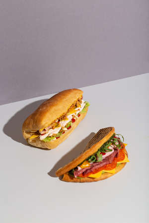 two baguette sandwiches with chicken salami salad on grey hard shadow