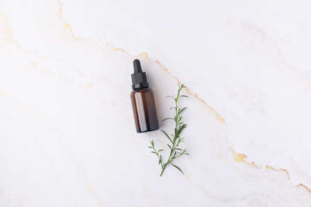 Natural essential oil in the amber bottle concept green leaves cosmeticsの写真素材
