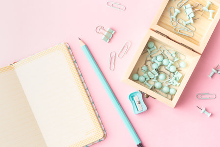 School stationery in turquoise color, flat lay. Back to school