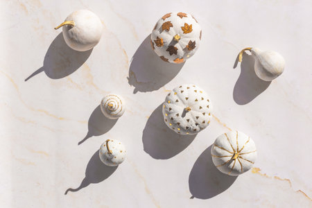Pumpkins painted In white and gold dark shadowsの写真素材