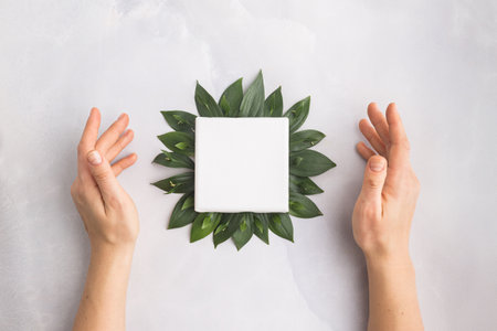 Blank card and green leaves on grey flatlayの写真素材