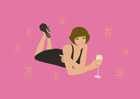 Woman with glass of sparkling wine のイラスト素材