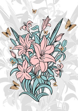 Illustration of bouquet of lilies with butterfliesのイラスト素材