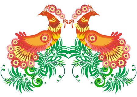 Illustration of abstract birds of paradise on floral branches のイラスト素材