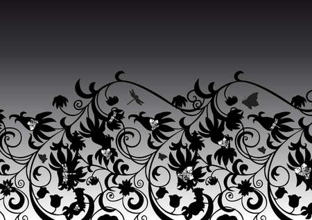 Illustration of abstract black floral ornament with butterflies and dragonfliesのイラスト素材