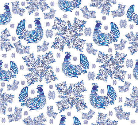 Illustration of abstract seamless background with gzhel birds and ornamentのイラスト素材
