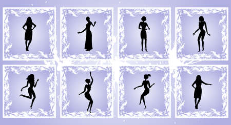 Illustration of female silhouettes on square grunge background のイラスト素材