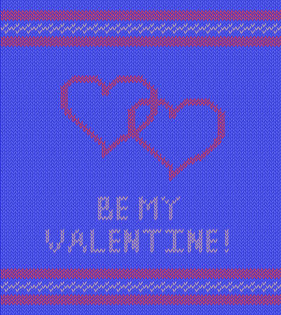 Illustration of knitted background with hearts and border in red, blue and yellow colorsのイラスト素材