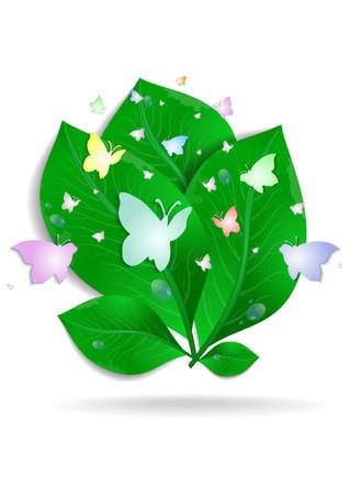 Illustration of green leaves bunch with colorful paper butterflies and waterdrops isolatedのイラスト素材
