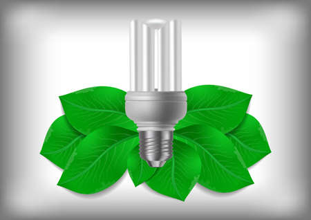 Illustration of energy saving light bulb with green leaves on grey backgroundのイラスト素材