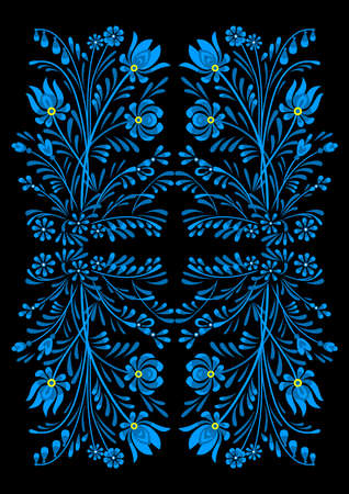 Illustration of abstract  floral ornament in blue and yellow colors on black background