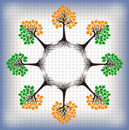 Illustration of abstract trees with green and golden leaves and dotted backgroundのイラスト素材