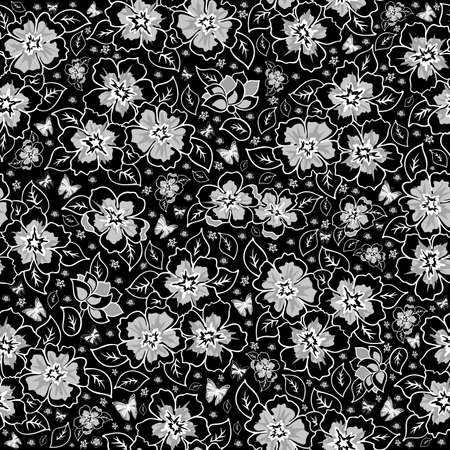 Illustration of seamless floral pattern with butterflies in black, grey and white coloursのイラスト素材