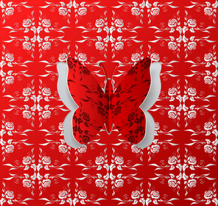 Illustration of abstract floral background with paper butterfly cutout in red, white and grey colorsのイラスト素材