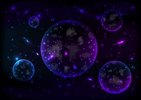 Illustration of colorful neon background with abstract planetsのイラスト素材