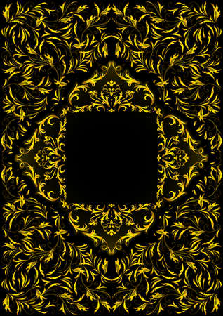 Illustration of frame with abstract floral golden ornament on black backgroundのイラスト素材