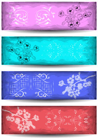 Illustration of banners collection with apple tree branches, ornament and grunge textureのイラスト素材