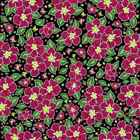 Illustration of seamless floral pattern in pink and green colours on black backgroundのイラスト素材
