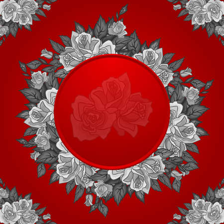 Illustration of frame from abstract roses in gray colors on red backgroundのイラスト素材