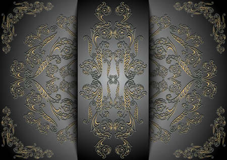Illustration of card with banner, abstract golden ornament and grey backgroundのイラスト素材