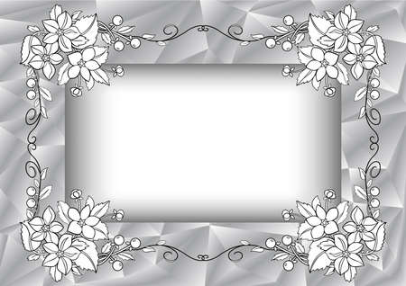Illustration of abstract frame with flowers, leaves, berries in white and black colors and triangle backgroundのイラスト素材