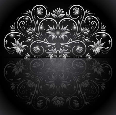 Illustration of card with banner, floral silver ornament and grunge textureのイラスト素材