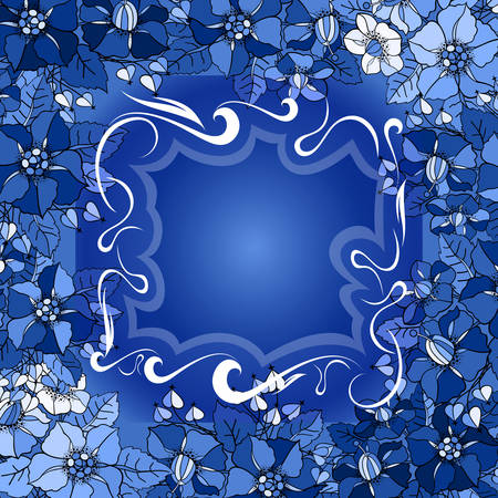 Illustration of abstract floral frame in blue, white and black colorsのイラスト素材