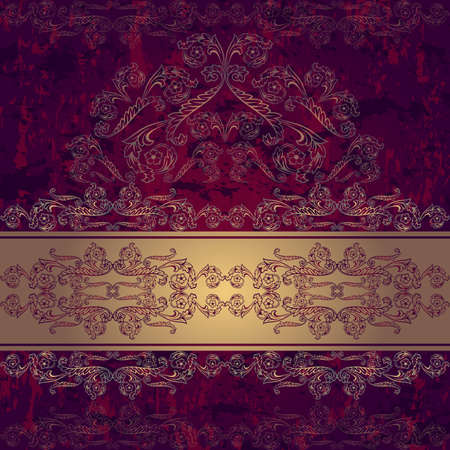 Illustration of card with banner, abstract golden ornament and grunge textureのイラスト素材