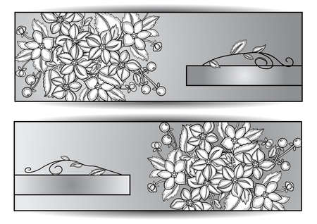 Illustration of monochrome banners with hatched flowersのイラスト素材