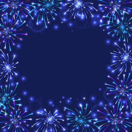 Illustration of colorful firework frame on blue backgroundのイラスト素材