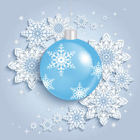 Illustration of abstract background with snowflakes and Christmas ball in white, blue and grey colorsのイラスト素材